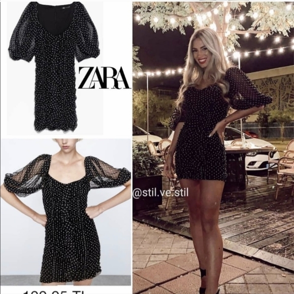 Zara polka dot mesh shirred mini dress puff sleeves black white xs - Picture 2 of 16